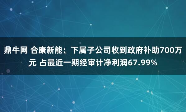 鼎牛网 合康新能：下属子公司收到政府补助700万元 占最近一期经审计净利润67.99%